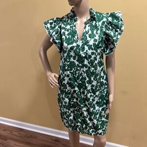 Green Floral V-Neck Mini Dress with Ruffle Sleeves